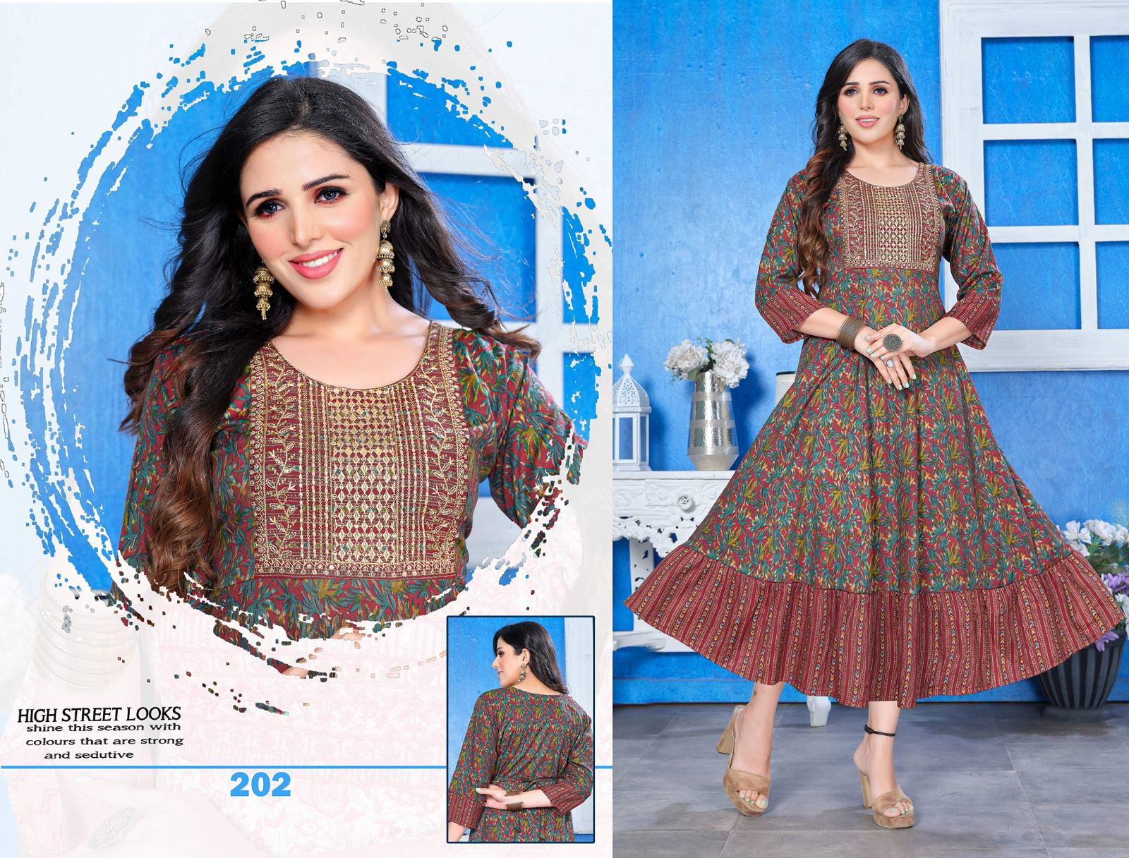 Something Special Golden Heavy Rayon Printed Long Kurtis Wholesale Market In Surat

